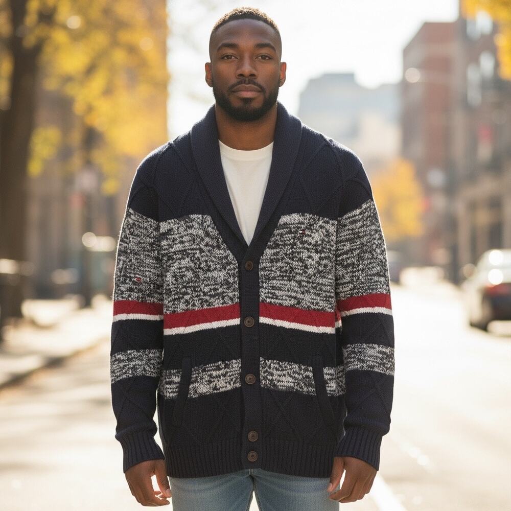Tommy Hilfiger DarkAcademia Preppy Y2K Cardigan Navy Red Marled Knit Sweater XL